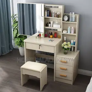 Compact Sliding Mirror Vanity Set with Concealed Storage