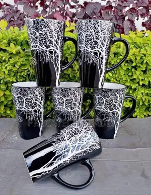 Black Ceramic Tea Cups With White Tree Pattern - 6 Pieces