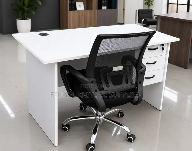 Modern White Office Desk with Drawers - 1