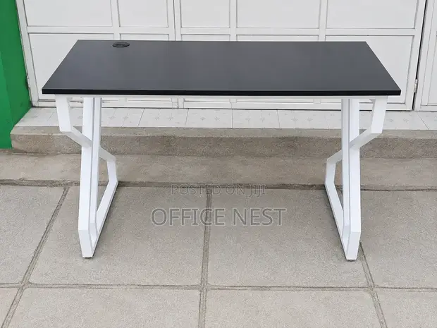Modern Office Desk 120cm - Black Top White Metal Frame - 1