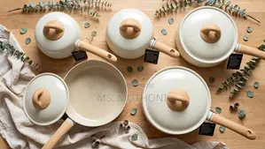 Aesthetic Ceramic Cookware Set with Wood-Grain Handles