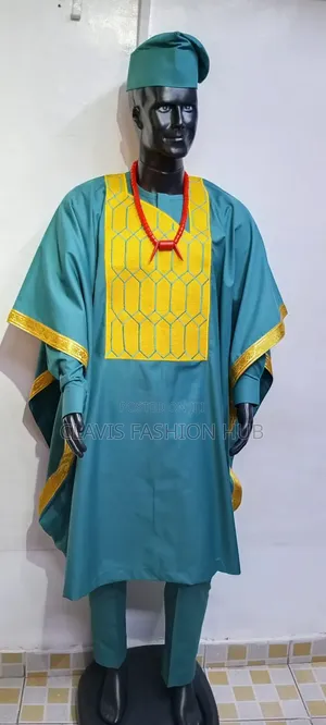 Ready Made Green and Gold Nigerian Men's Agbada - Size Large