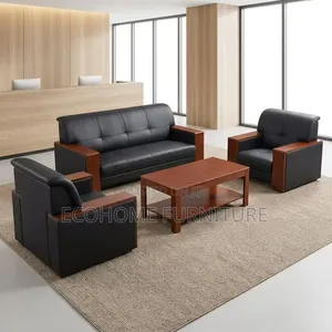 Seti ya Sofa ya Ofisi 3+1+1 Ngozi Nyeusi na Meza ya Kahawa