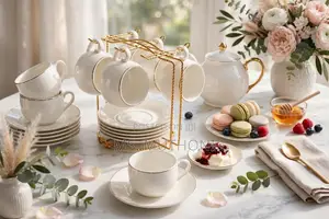 Set of 12 Fine Bone China Tea Cups, Saucers & Gold Stand