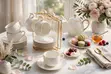 Set of 12 Fine Bone China Tea Cups, Saucers & Gold Stand - 1