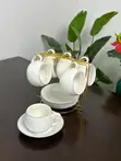 Set of 12 Fine Bone China Tea Cups, Saucers & Gold Stand - 2