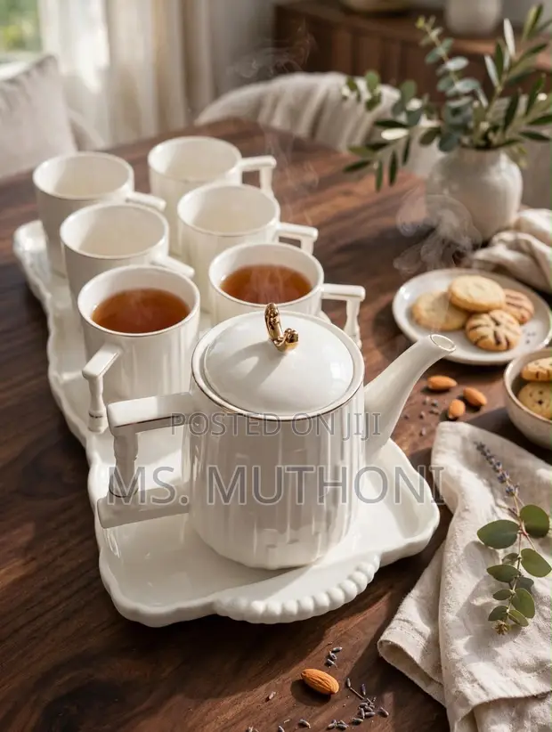 8 Piece White Ribbed Tea Set with Tray - 1