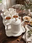 8 Piece White Ribbed Tea Set with Tray - 1