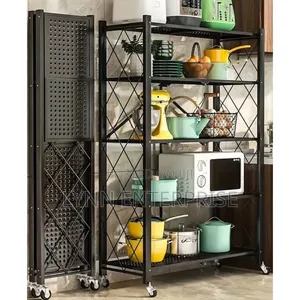 5-Tier Foldable Kitchen Rack with Wheels - Black