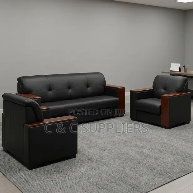 5-Seater Leather Sofa with Wood Armrest - 1
