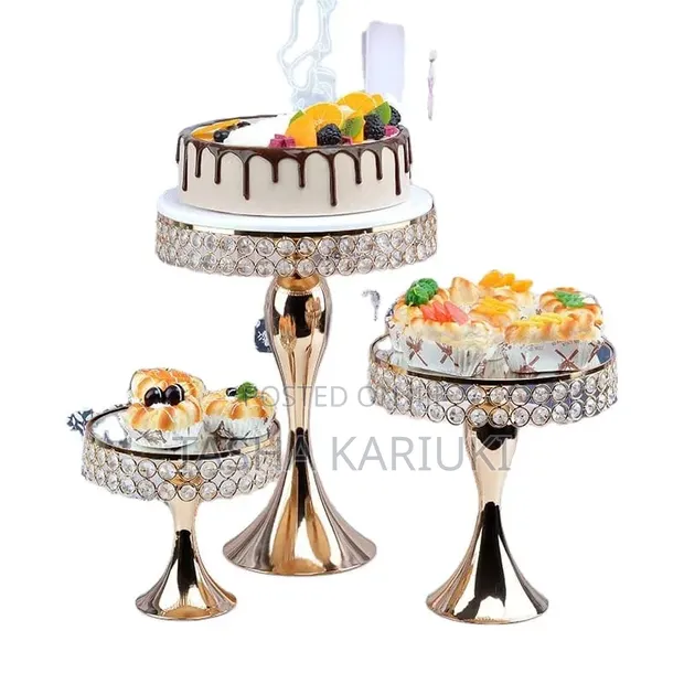 3PCS Gold Cake Stand Set With Mirror Top - 1