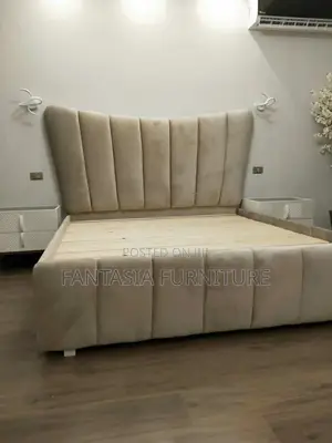 5x6 Beige Velvet Wingback Chester Bed