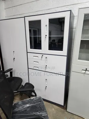 Office Cabinet with Glass Doors - White