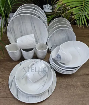 Dinner Set ya Vipande 24 - Muundo wa Marumaru, Rangi ya Ash Grey