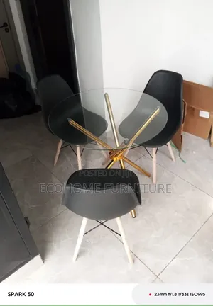 Round Glass Dining Table Set with 4 Black Chairs