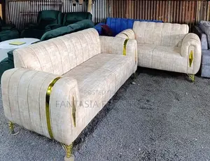 5 Seater Beige Royal Sofa Set with Gold Trim