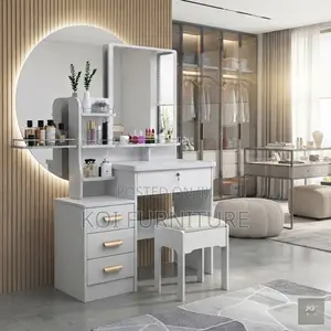 Modern White Dressing Vanity Table with Stool