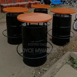 Round High Bar Drum Table, Black With Brown Top