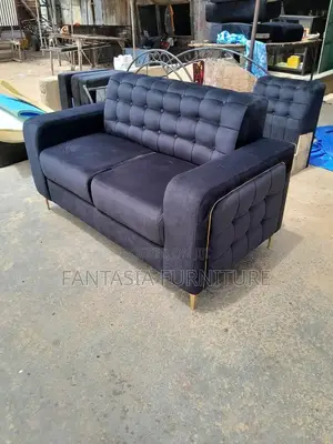 Navy Tufted 2-Seater Sofa with Gold Trim