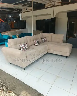 5 Seater L-Shaped Sofa - Beige Butterfly Design