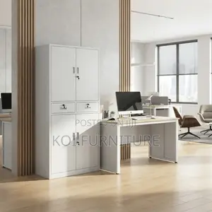 Office Cabinet: 4 Drawers, Large Doors, Steel, Gray