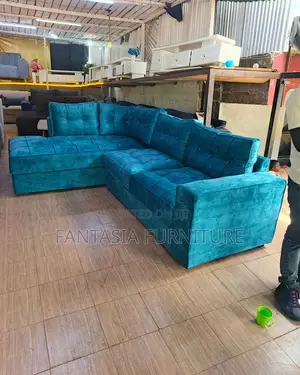 5 Seater Teal Velvet Tufted L-Shape Sofa