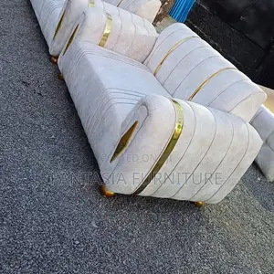 2 Seater Ivory Fabric Sofa with Gold Trim