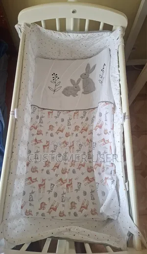 Cream Wooden Baby Cot with Mattress & Bumper