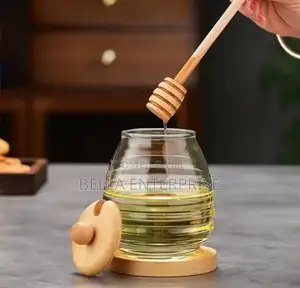 Kopo la Asali la Kioo la Uwazi na Mfuniko wa Mianzi na Stendi (400ml)