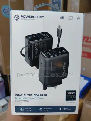Powerology 100W TFT Adaptor na Kebo ya Type-C inayorudishwa - Nyeusi