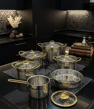 High-Grade Stainless Steel Mirror Polish Cookware Set with Gold Trim