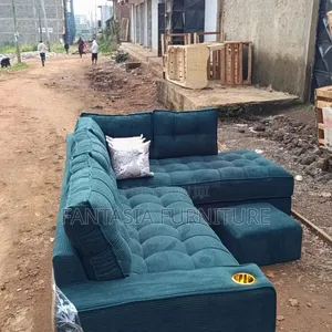 L-Shaped Teal Sofa (5-Seater) + Ottoman