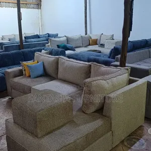 L-Shaped 5-Seater Sofa with Ottoman - Grey Fabric