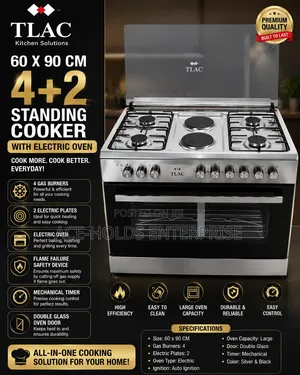 Von 60x90cm Jiko la Kusimama la Gesi 4, Umeme 2 na Oven ya Umeme