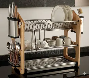 Heavy-Duty 3-Tier Stainless Steel Dish Rack na Acacia Wood Stand