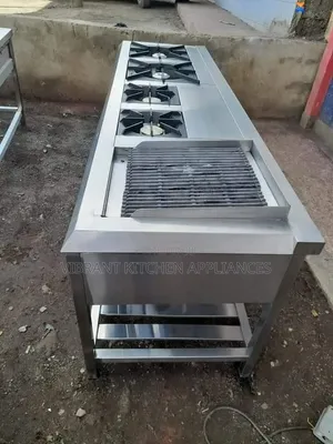 Four Burner Stainless Steel Commercial Cooker with Charcoal Grill