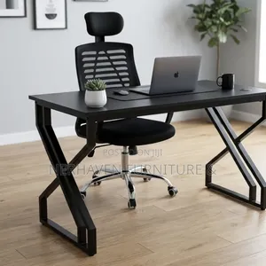 Modern Metallic Desk and Ergonomic Chair with Headrest