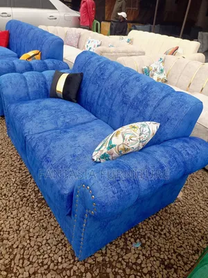 2-Seater Blue Fabric Sofa with Nailhead Trim