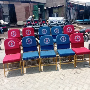 Red and Blue Church Chairs with PCEA Logo and Powder Coating