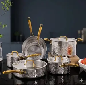 10-Piece Tri-Ply Hammered Stainless Steel Cookware Set with Gold Handles