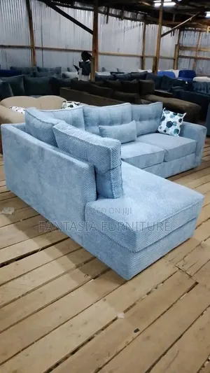 5 Seater L-Shaped Sectional Sofa - Light Blue Corduroy