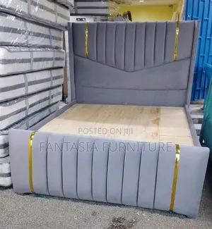 Brand New 5x6 Grey Velvet Bed Frame with Gold Trim