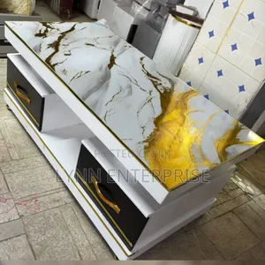 Meza ya Kahawa Nyeupe ya Kifahari na Mshale wa Marumaru na Droo Nyeusi