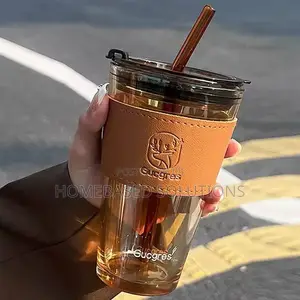 Vikombe vya Glass na Kifuniko, Majani & Mkoba wa Ngozi - Vinavyoweza Kutumika Tena