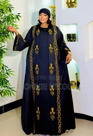 Abaya/Kaftan ya Kifahari ya Navy Blue na Dhahabu 2-in-1