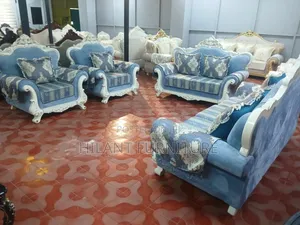 Set ya Sofa ya Kifahari ya Viti 7 - Bluu ya Kifalme na Nyeupe