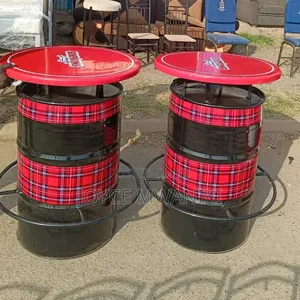 Custom Drum Bar Tables with Checked Red Wallpaper