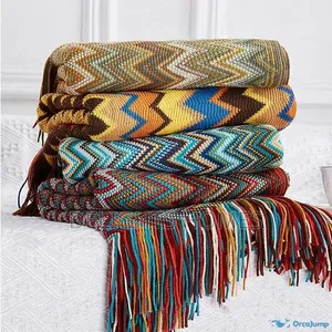 Bohemian Knitted Throw Blanket yenye Tassels
