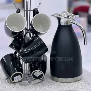 Seti ya Vinywaji Nyeusi ya Kiamsha Kinywa ya Kauri Vipande 7 na Thermos 2L
