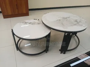 Seti ya Meza za Kahawa za Marumaru za Mviringo za Kifahari 2-in-1 - Fremu Nyeusi
